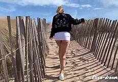 No panties, hotwife flashing, amateur action at the beach