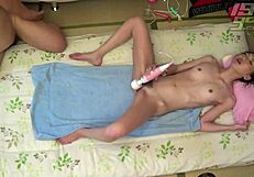 Beautiful Asian cutie and fat man enjoy strap on sex