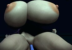 A curvaceous red-haired woman with large breast has sexual experience with a dildo