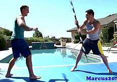 Outdoor gay sex with jock bottom and blowjob