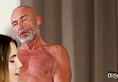 Petite teen deepthroats old man's cock craving more cum