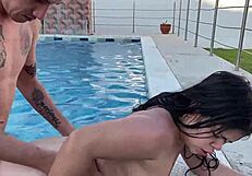 Beautiful woman with a perfect body has sex with her stepfather by the pool
