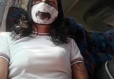 New shemale shows off her goods on the school bus