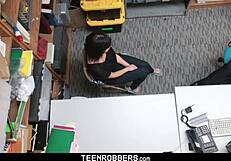 Naked teen shoplifter gets caught and fucked on desk