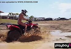 Skinny blondes and brunettes ride quads in the open