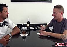 Two men and the beautiful transgender Amanda Fialho perform oral sex on each other