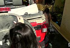Four Czech women with perfect shapes have fun with one man at the car wash