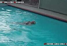 Black beauty enjoys pool time and gives great blow job
