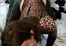 French amateur's leather-clad ass licking and rimming in POV