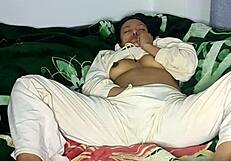 Young Colombian housewife enjoys solo play with toys
