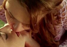 Beautiful brunettes and red hair girls in hot lesbian scene with fingering