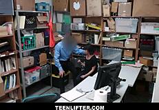 Petite teen shoplifter caught and fucked by security guard