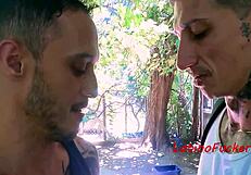Tending Latino Cock with Bareback Assfucking in Forest