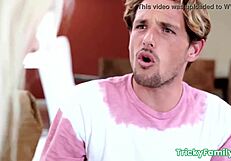 Young step-sis with small boobs and blonde hair gets fucked by big cock step-bro in taboo scene