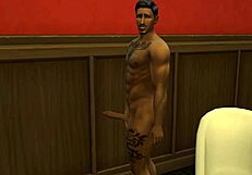 Gay threesome with big tits and daddy action in Sims