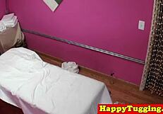 Big tits Asian massage therapist in sneakers gives a great massage with oil