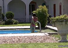 sweet teen takes father-in-law’s huge cock by the poolside
