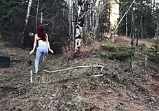 Natural tits homemade blowjob and rough outdoor sex with a facial
