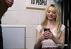 Young blonde gives a striptease and a blow job to a mall security guard