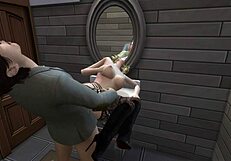 A man has sex with a woman in the bathroom while they are having coffee with a friend