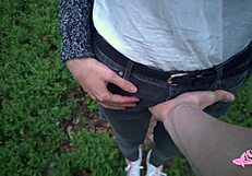 Asian nympho gets covered in cum in wild forest sex