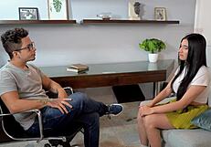 Perverted psychologist gets blown by busty patient in office