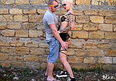 Inked amateur gets cum in mouth on the street