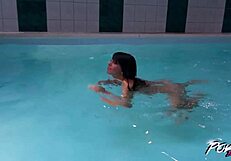 Skinny teen gets a deepthroat cumshot in the pool
