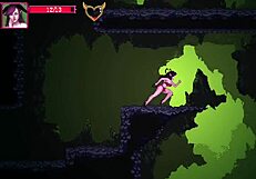 A succubus tempter in a hellish environment in a porn video game called Sinher