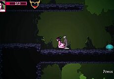 A succubus tempter in a hellish environment in a porn video game called Sinher