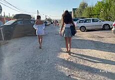 Two Girls Flash Pussies in Public Without Panties on Beach