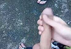 Outdoor Blowjob and Cum in Backyard Forest. Wet Action with Pierced Gay Star.
