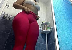 Hottest Latina mom in a tight dress taking a shower