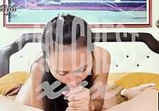 A mature Asian beauty gives a deep blow job and swallows the semen