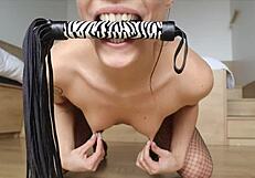 Lara’s wet and pink pussy gets flogged and filled with cum