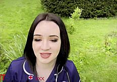 Hot blue-eyed nurse with natural big boobs sucks and swallows cum on the set