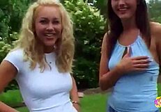 A blonde gets some outdoor pleasure with a lesbian nipple pinch and climax