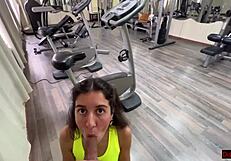 Public gym sex with cowgirl position and ending with ass fucking