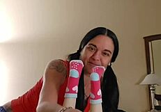 Only women Emy Angel giving a hand job to her little redhead companion