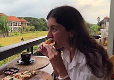 Girl eats pizza and swallows cum in public cafe