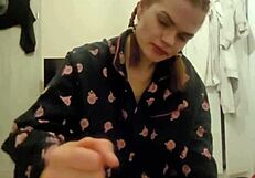 Redhead roommate gives me a sloppy deepthroat blowjob