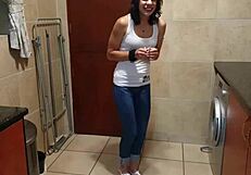 A lovely girl peed in her jeans and then began to smoke