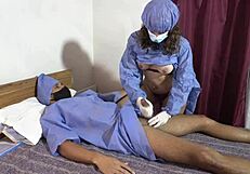 The nurse sucks my cock and gets a semen sample from her mouth