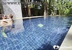 Baby has a rest on the bank of the pool and gets fucked