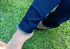 Shoeplay and dipping with tan nylons and flats, nothing special but interesting to watch