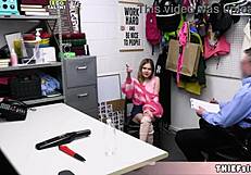 Cute shoplifter Coco caught in sex shop offering her tiny 18+ pussy