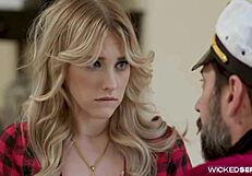 A girl with sunny blonde hair carries two huge melons - Scene 1