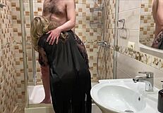 Stepmom cleans stepson’s dick in bathroom before wild intense sex together