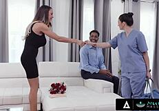 Sexy masseuse Sheena Ryder delivers hot nuru massage to married couple