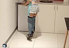 Damn! Spying on busty Latina stepmother cleaning with her big ass out!
